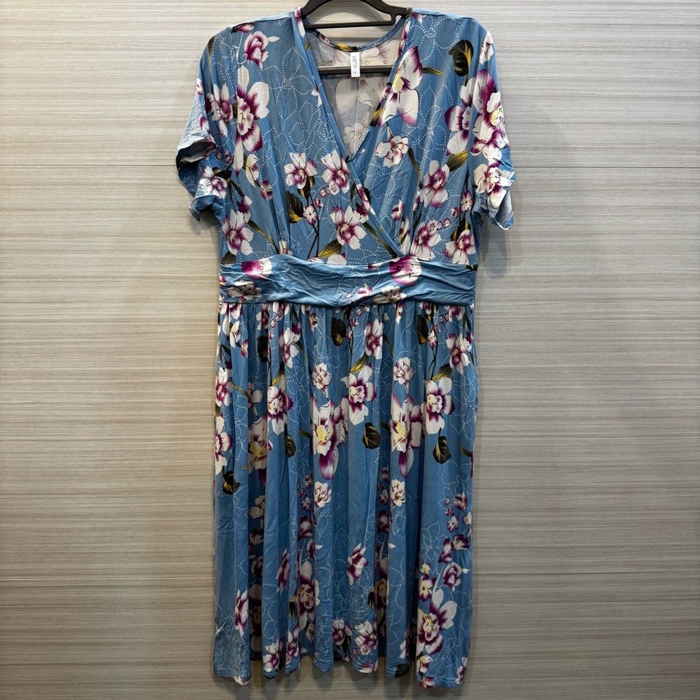 Lilbetter Blue Floral Wrap Midi Dress with V-Neck and Pockets 2XL